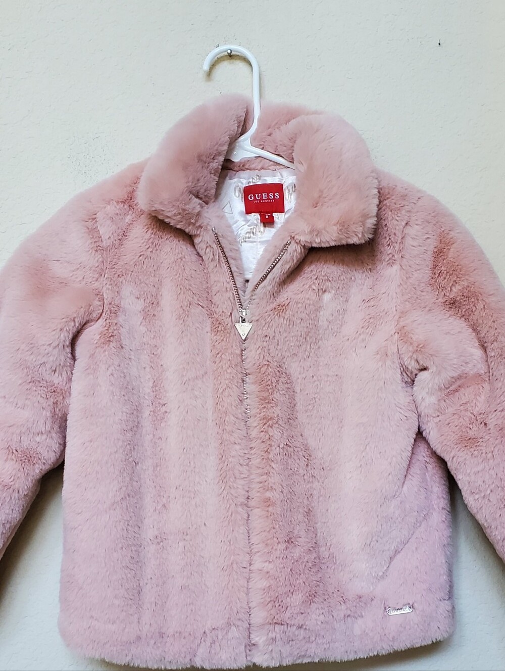 GUESS Soft Pink Faux-Fur Puffer Jacket. Size 8